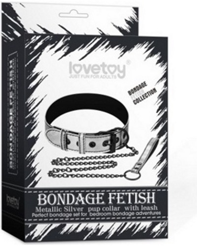 Bondage Fetish Metallic Pup Collar With Leash -    